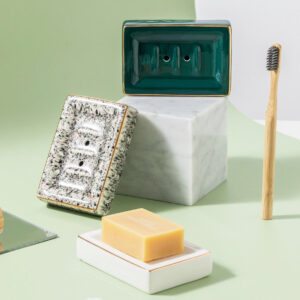 Ceramic Soap Holder Tray with Gold Trim