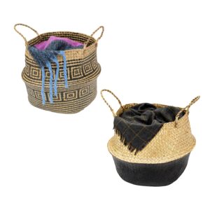 Natural and Black Decorative Seagrass Folding Belly Baskets (Set of 2)