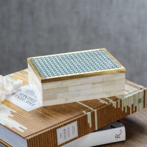White Bone & Brass Storage Box with Printed Pattern