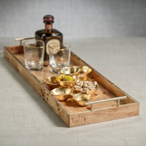Large Burlwood Rectangular Tray with Gold Handles